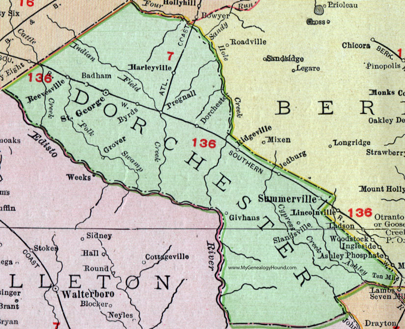Dorchester County, South Carolina, 1911, Map, Rand McNally, St. George, Summerville, Ridgeville, Harleyville, Reevesville, Grover, Jedburg, Badham, Pregnall, Givhans, Slandsville, Byrds