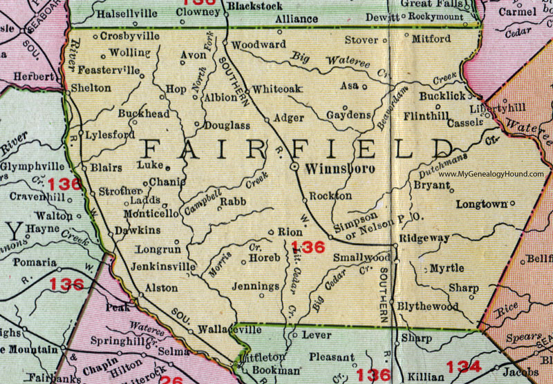 Fairfield County, South Carolina, 1911, Map, Rand McNally, Winnsboro, Ridgeway, Rockton, Smallwood, Simpson, Rion, Longtown, Jenkinsville, Mitford, White Oak, Woodward, Dawkins, Shelton, Monticello, Crosbyville, Wolling