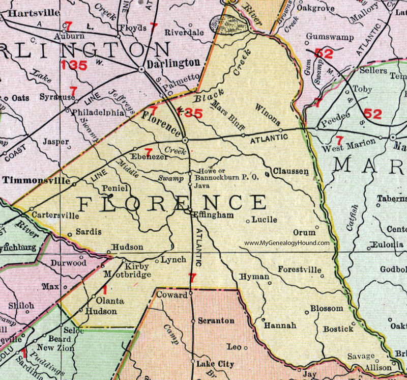 Florence County, South Carolina, 1911, Map, Rand McNally, Timmonsville, Cartersville, Effingham, Mars Bluff, Motbridge, Sardis, Olanta, Hyman, Hannah, Bostick, Winona, Claussen, Orum, Ebenezer, Peniel