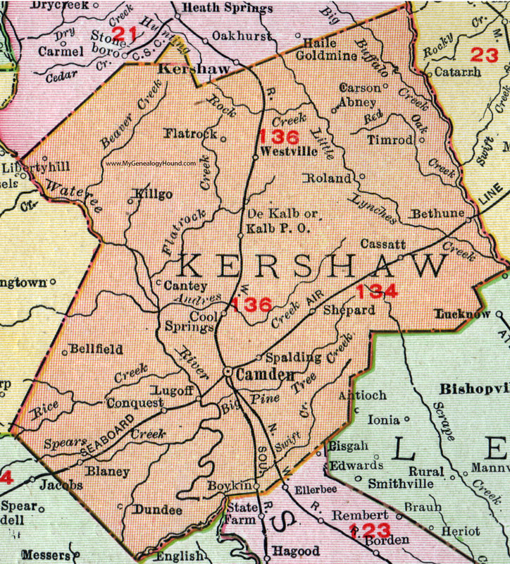 Kershaw County, South Carolina, 1911, Map, Rand McNally, Camden, Lugoff, Boykin, Westville, De Kalb, Cassatt, Bethune