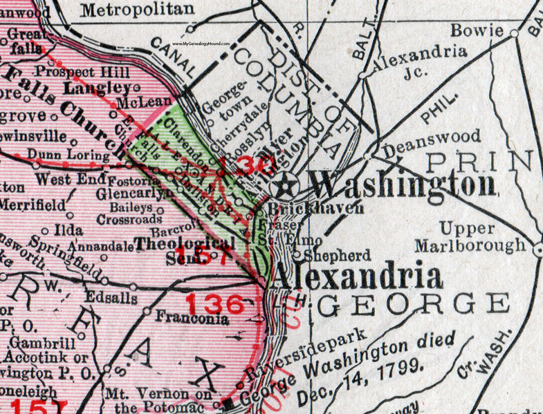 Alexandria County, Virginia, Map, 1911, Rand McNally, Arlington, Baliston, Brickhaven, Barcroft, Cherrydale, Clarendon, East Falls Church, Fort Myer, Fostoria, Frasier, Glencarlyn, Rosslyn, Saint Elmo