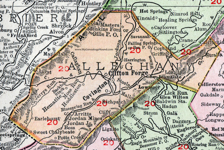 Alleghany County, Virginia, Map, 1911, Rand McNally, Covington, Clifton Forge, Iron Gate, Selma, Lowmoor, Mallow, Longdale, Stralia, Hematite, Huddleston, Jordan Mines, Earlehurst, Harrington