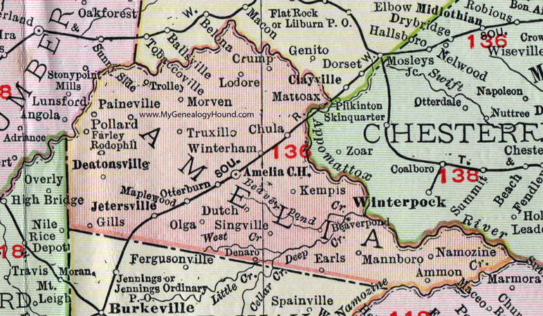 Amelia County, Virginia, Map, 1911, Rand McNally, Amelia Court House, Jetersville, Deatonsville, Moreven, Mattoax, Lodore, Truxillo, Chula, Winterham, Singville, Denaro, Namozine, Rodophil, Otterburn