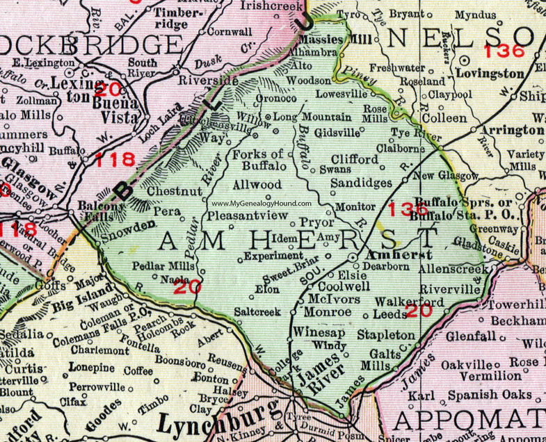 Amherst County, Virginia, Map, 1911, Rand McNally, Sweet Briar, James River, Dearborn, McIvors, Galts Mills, Stapleton, Coolwell, Elon, Pedlar Mills, Snowden, Hitchensville, Oronoco, Rose Mills, Winesap, Swans, Monitor