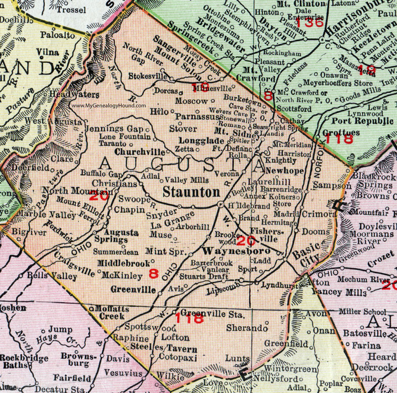 Augusta County, Virginia, Map, 1911, Rand McNally, Staunton, Waynesboro, Churchville, Verona, Basic City, Craigsville, Mt. Sidney, Valley Mills, Steeles Tavern, Augusta Springs, Parnassus, Zetta, Koiners Store, Cotopaxi, Sherando, Lipscomb