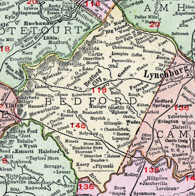 Bedford County, Virginia, Map, 1911, Rand McNally, Bedford City, Montvale, Big Island, Nininger, Lisbon, Forest Depot, Hendricks Store, Penicks, Thaxton, Perrowville, Goodes, Boonsboro, Sedalia, Huddleston