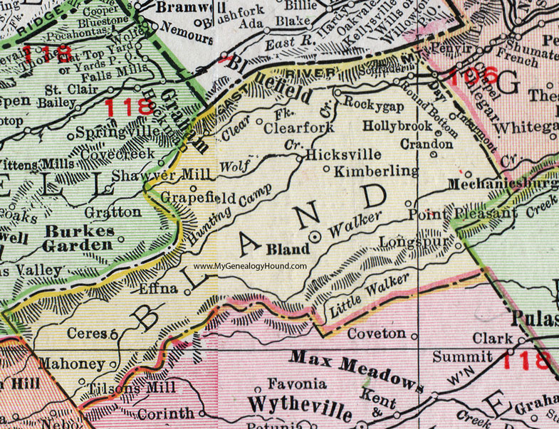 Bland County, Virginia, Map, 1911, Rand McNally, Mechanicsburg, Longspur, Holly Brook, Crandon, Grapefield, Ceres, Tilsons Mill, Mahoney, Hicksville, Rocky Gap, Intermont, Schrader, Point Pleasant