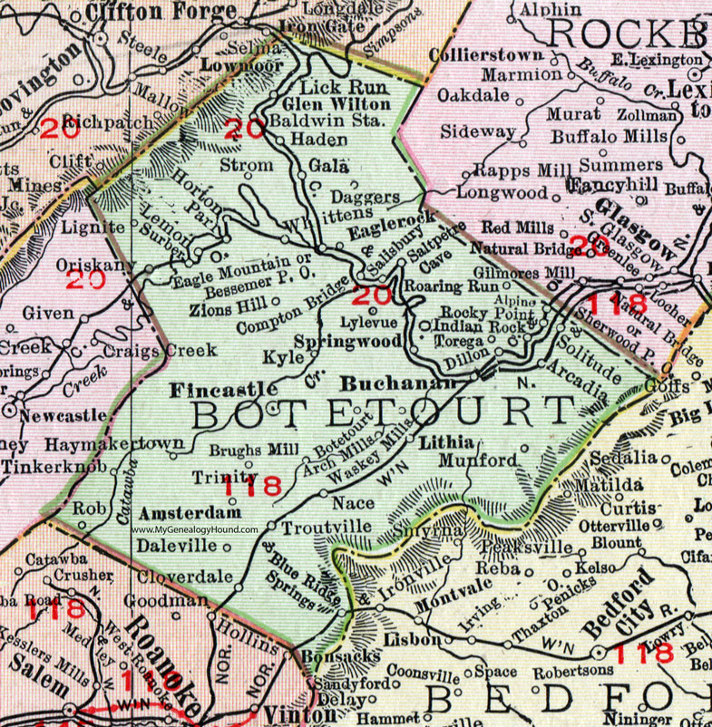 Botetourt County, Virginia, Map, 1911, Rand McNally, Fincastle, Buchanan, Lithia, Springwood, Cloverdale, Glen Wilton, Amsterdam, Brughs Mill, Waskey Mills, Arch Mills, Surber, Daggers, Saltpetre Cave, Troutville