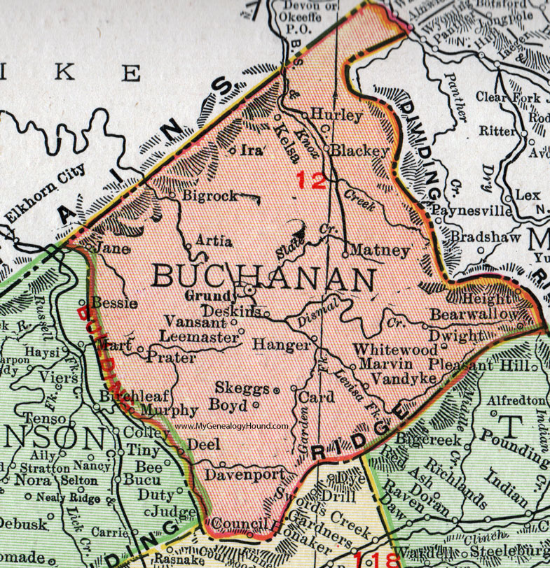Buchanan County, Virginia, Map, 1911, Rand McNally, Grundy, Deskins, Vansant, Leemaster, Prater, Skeggs, Blackey, Matney, Bearwallow, Davenport, Boyd, Vandyke, Whitewood, Hurley, Deel, Kelsa