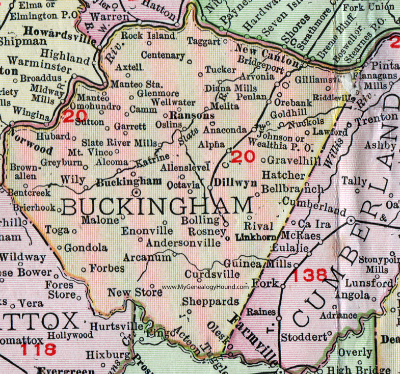 Buckingham County, Virginia, Map, 1911, Rand McNally, Dillwyn, New Canton, Arvonia, Bridgeport, Ransons, Bolling, Rosney, Allenslevel, Gilliamsville, Riddleview, Nuckols, Gondola, Arcanum, Curdsville, Briarhook, Taggart