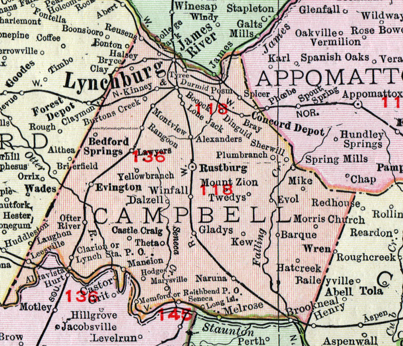 Campbell County, Virginia, Map, 1911, Rand McNally, Lynchburg, Rustburg, Altavista, Bocock, Lone Jack, Rangoon, Tyree, Durmid, Dinguid, Concord Depot, Sherwill, Twedys, Barque, Castle Craig, Morris Church