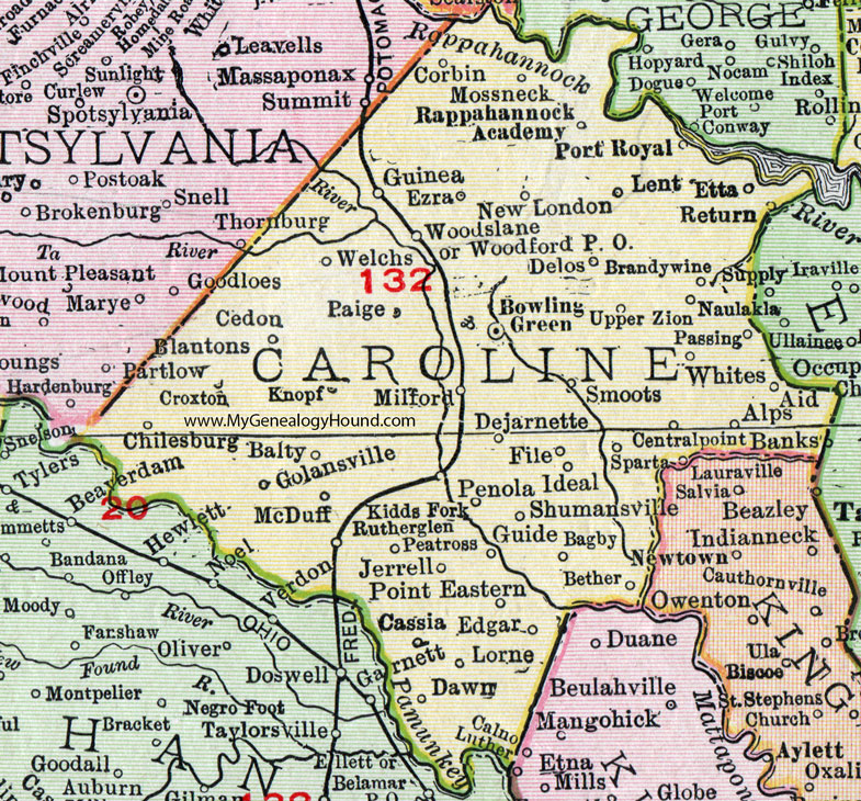 Caroline County, Virginia, Map, 1911, Rand McNally, Bowling Green, Milford, Rappahannock Academy, Port Royal, Naulakla, Brandywine, Chilesburg, Golansville, McDuff, Dejarnette, Penola, Shumansville, Cassia, Ruther Glen, Jerrell, Peatross
