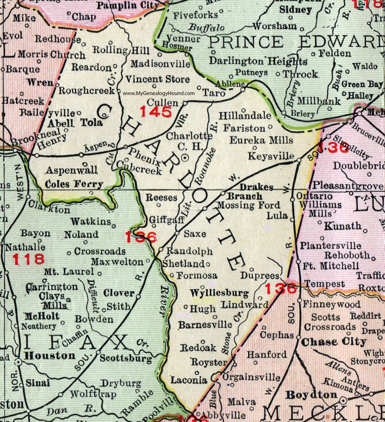 Charlotte County, Virginia, Map, 1911, Rand McNally, Charlotte Court House, Keysville, Phenix, Drakes Branch, Saxe, Wylliesburg, Aspenwall, Giffgaff, Hillandale, Eureka Mills, Vincent Store, Raileyville, Coles Ferry, Madisonville, Fariston, Formosa