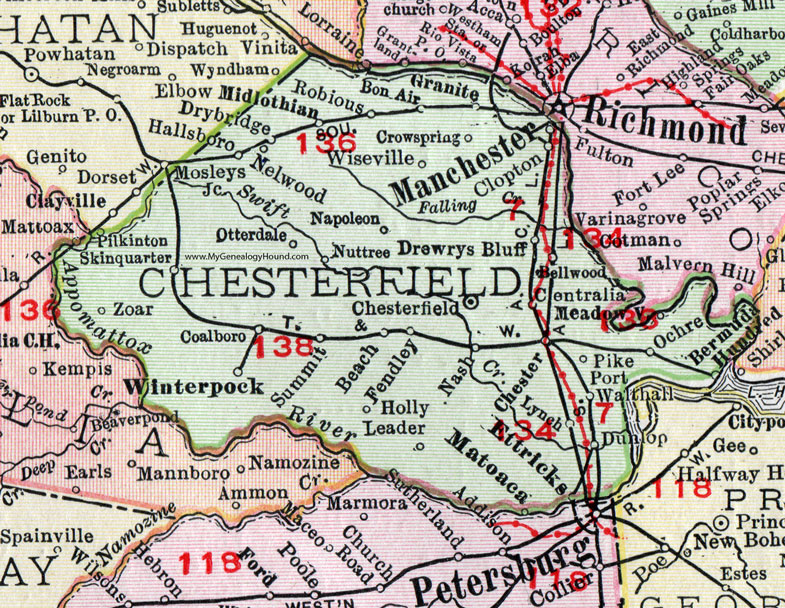 Chesterfield County, Virginia, Map, 1911, Rand McNally, Manchester, Bon Air, Chester, Midlothian, Ettrick, Matoaca, Winterpock, Dunlop, Bellwood, Centralia, Bermuda Hundred, Skinquarter, Otterdale, Clopton, Robius, Nuttree