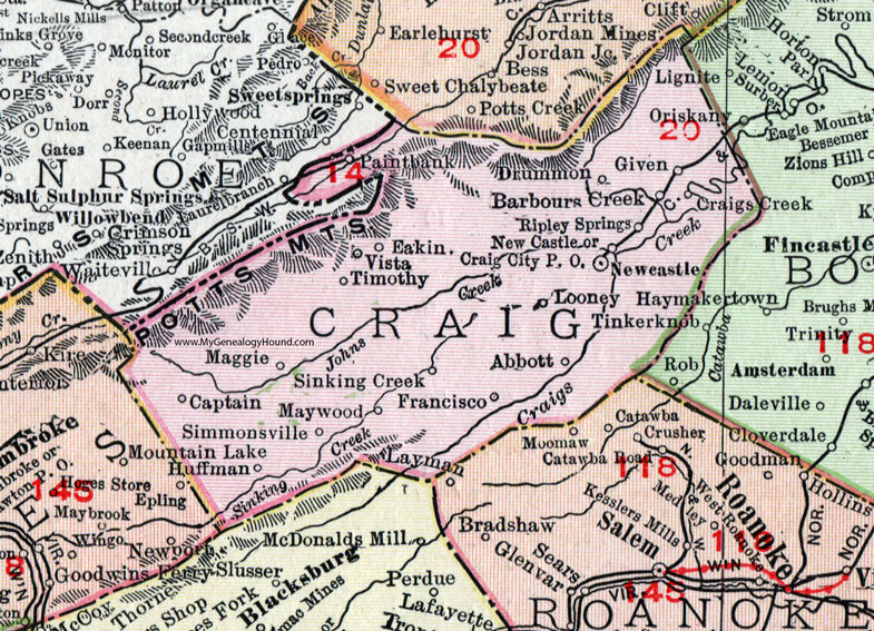 Craig County, Virginia, Map, 1911, Rand McNally, New Castle, Huffman, Simmonsville, Craig City, Drummon, Barbours Creek, Looney, Abbott, Ripley Springs, Craigs Creek, Francisco, Maywood, Paintbank, Eakin, Maggie