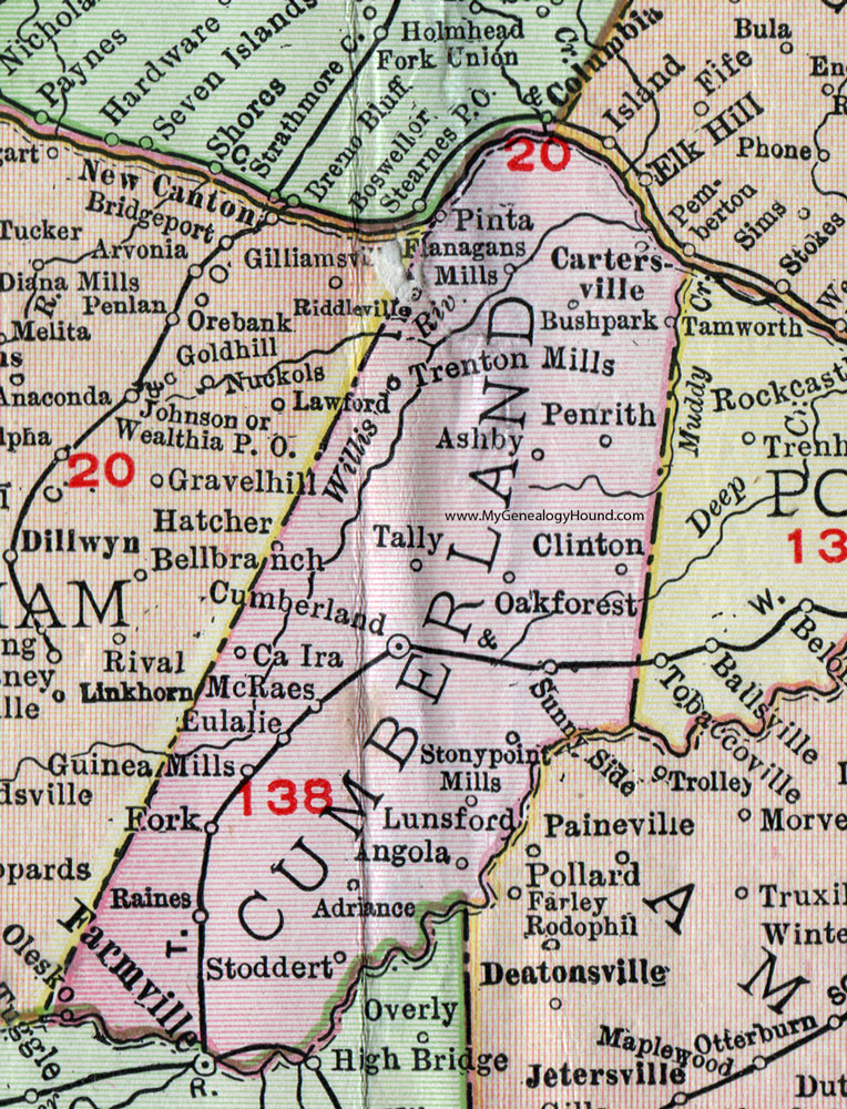 Cumberland County, Virginia, Map, 1911, Rand McNally, Cartersville, Raines, Trenton Mills, Stonypoint Mills, Stoddert, Guinea Mills, Ca Ira, McRaes, Eulalie, Flanagans Mills, Penrith, Oakforest, Tally, Lunsford, Adriance
