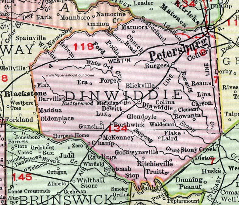 Dinwiddie County, Virginia, Map, 1911, Rand McNally, Petersburg, McKenney, Burgess, Collier, Addison, Sutherland, Ritchieville, Blickville, Marmora, Poole, Maceo, Glendoyle, Borthwick, Goodwynsville, Truitt