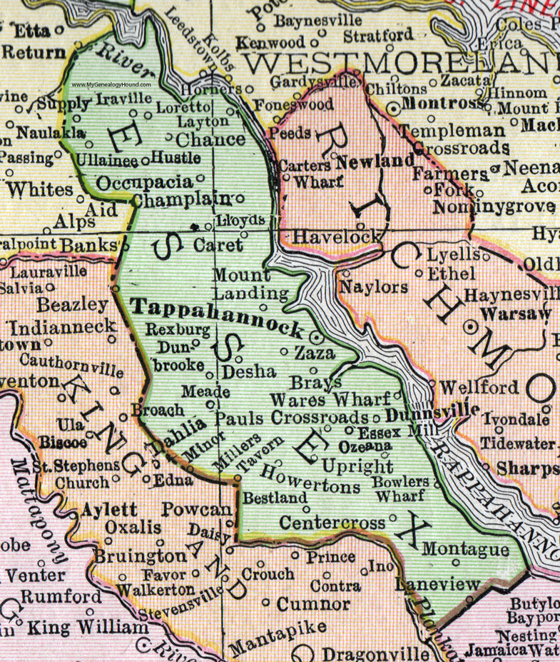 Essex County, Virginia, Map, 1911, Rand McNally, Tappahannock, Essex Mill, Bowlers Wharf, Millers Tavern, Montague, Dunnsville, Ozeana, Howertons, Pauls Crossroads, Occupacia, Ullainee, Caret, Zaza, Wares Wharf