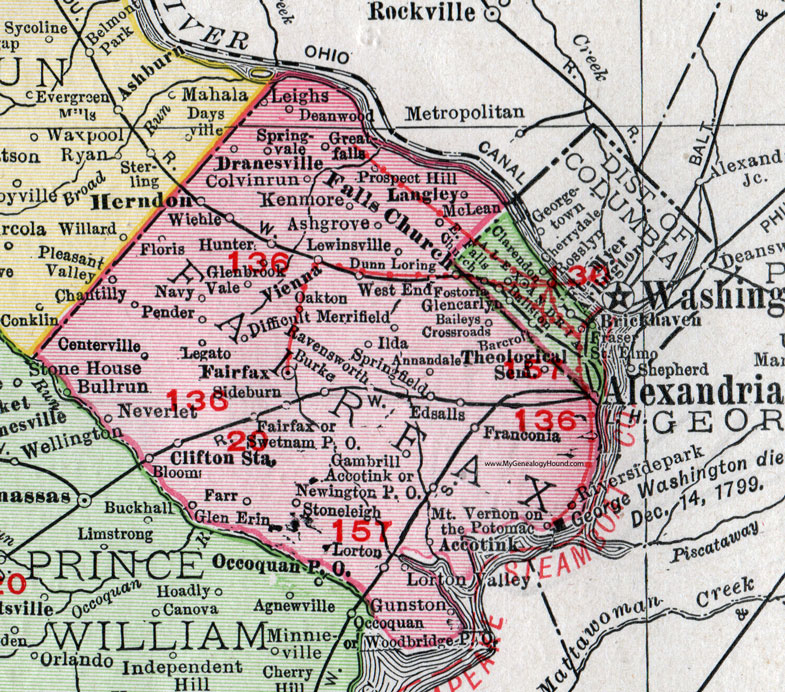 Fairfax County, Virginia, Map, 1911, Rand McNally, Falls Church, Herndon, Annandale, Springfield, Vienna, McLean, Dranesville, Ravensworth, Gunston, Accotink, Lorton Valley, Gambrill, Kenmore, Lewinsville, Bull Run