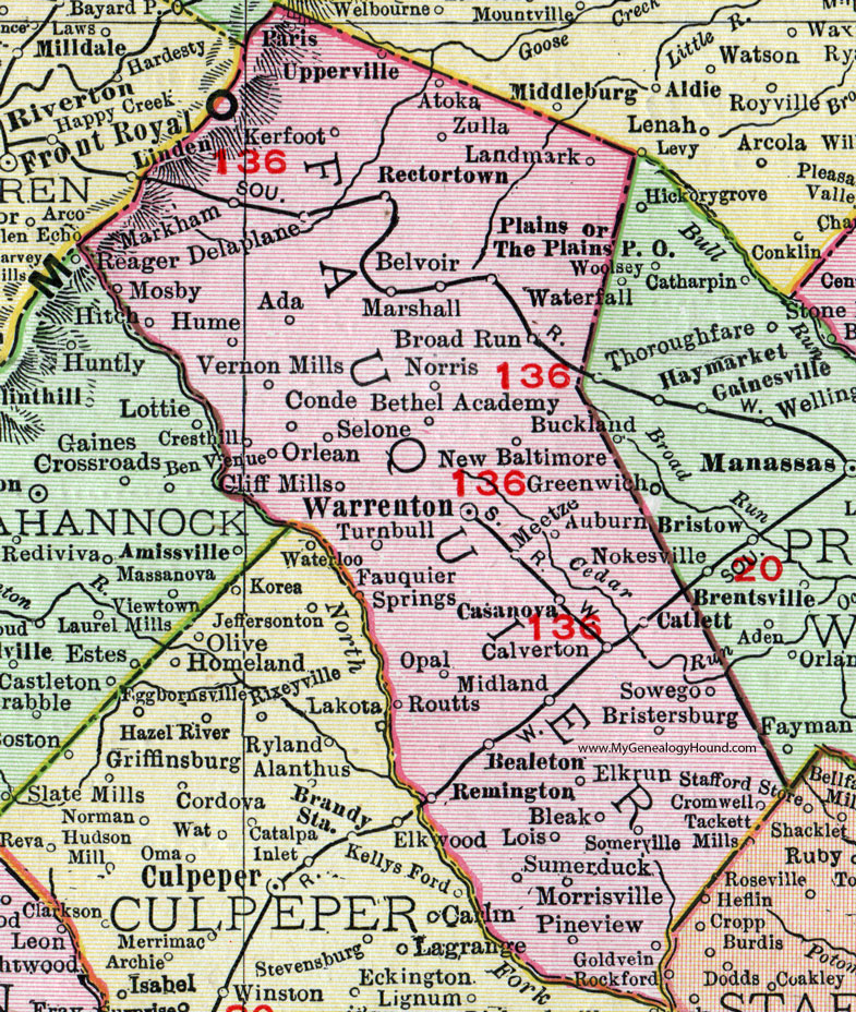 Fauquier County, Virginia, Map, 1911, Rand McNally, Warrenton, Remington, Marshall, Delaplane, Goldvein, Rectortown, Upperville, Bealton, Casanova, Catlett, New Baltimore, Vernon Mills, Cliff Mills, Sowego, Bristersburg
