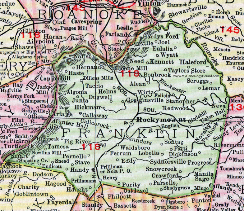Franklin County, Virginia, Map, 1911, Rand McNally, Rocky Mount, Neva, Gogginsville, Taylors Store, Stanopher, Redwood, Sydnorsville, Parsells, Sago, Mingo, Prilliman, Lobelia, Sontag, Wirtz, Pernello, Taccio, Tamesa