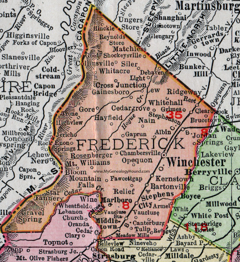 Frederick County, Virginia, Map, 1911, Rand McNally, Winchester, Stephens City, Middletown, Kernstown, Shockeysville, Reynolds Store, Rosenberger, Opequon, Armel, Vancluse, Canterburg, Tulip, Star Tannery, Marlboro, Delhaven