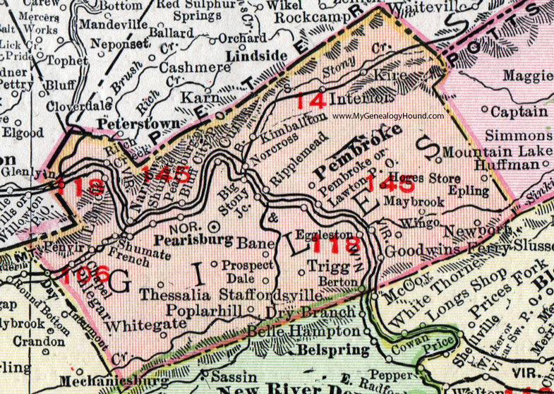 Giles County, Virginia, Map, 1911, Rand McNally, Pearisburg, Pembroke, Narrows, Ripplemead, Newport, Rich Creek, Eggleston, Kimballton, Staffordsville, Hoges Store, Phlegar, Thessalia, Shumate, Wingo