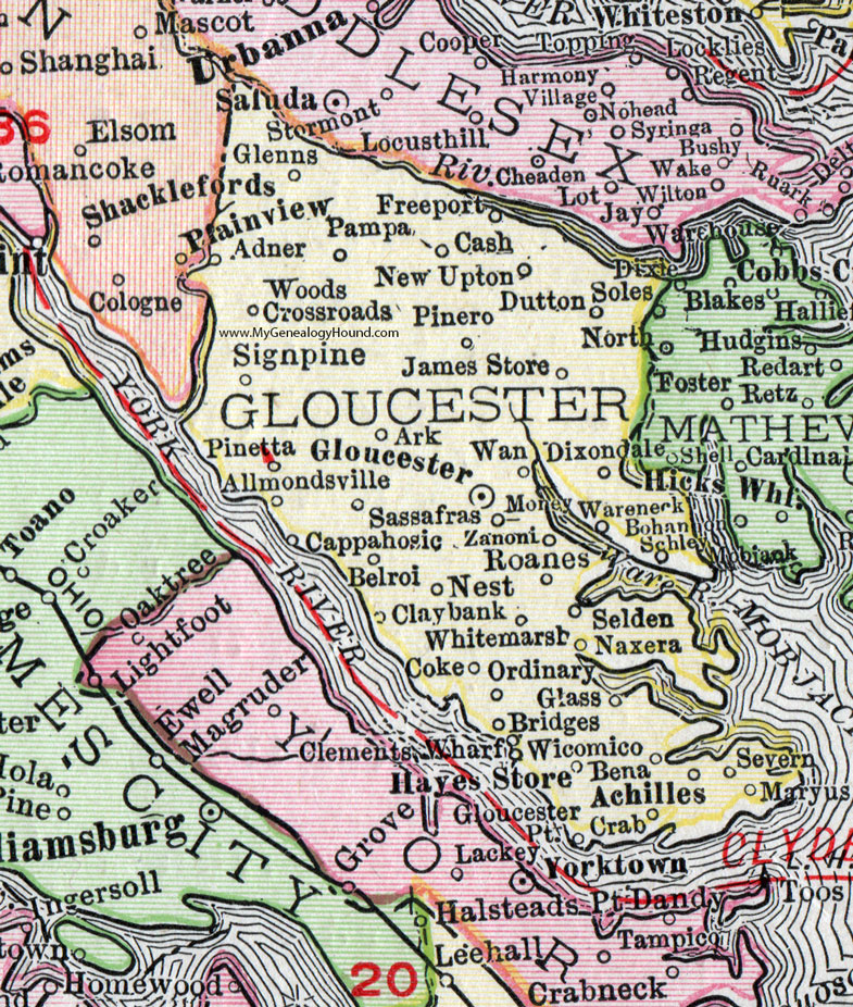 Gloucester County, Virginia, Map, 1911, Rand McNally, Achilles, Hayes Store, Roanes, Zanoni, Wicomico, Roanes, Clements Wharf, Severn, Maryus, Dixondale, Pinero, New Upton, Freeport, Dutton, Adner, Allmondsville, Naxera, Cappahosic, Pinetta