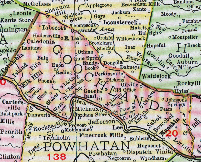 Goochland County, Virginia, Map, 1911, Rand McNally, Maidens, Hadensville, Manakin, Tabscott, Caledonia, Lantana, Othma, Perkinsville, Dickens, Oilville, Lassiter, Crozier, Shannon Hill, Boscobel, Sabot, Balham, Elk Hill, Stokes