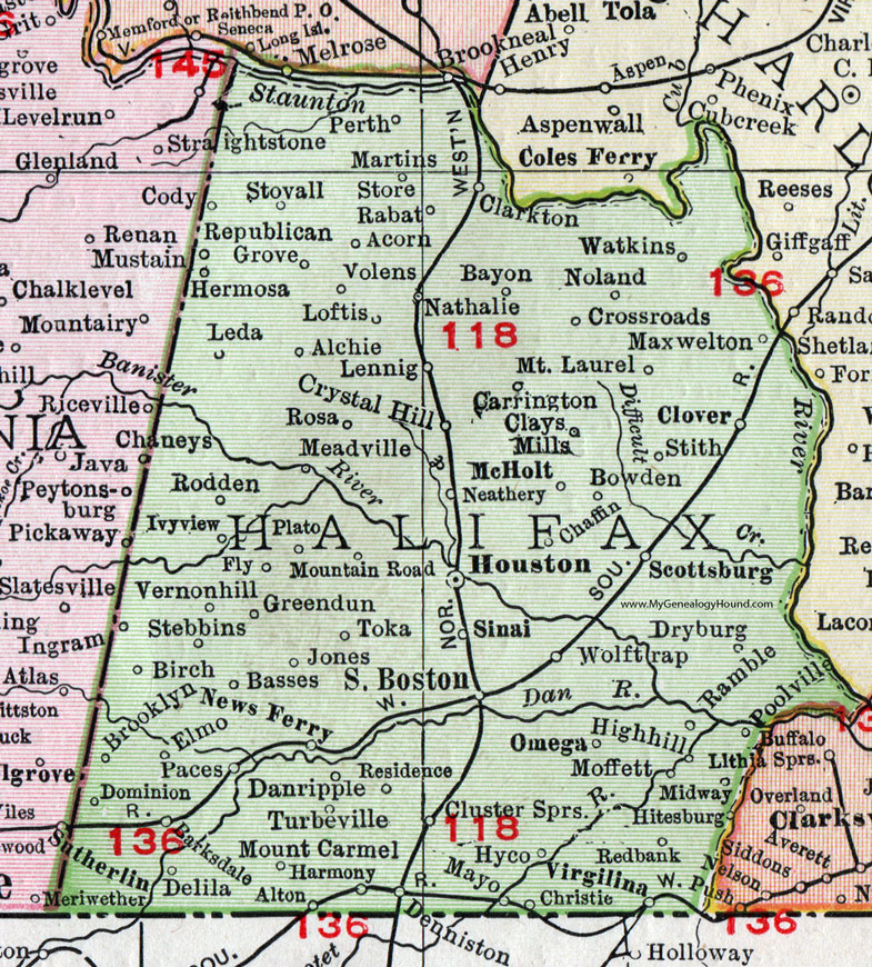 Halifax County, Virginia, Map, 1911, Rand McNally, Houston, South Boston, Turbeville, Virgilina, News Ferry, Clays Mills, Denniston, Martins Store, Stovall, Hermosa, Rodden, Maxwelton, Carrington, Lennig, McHolt, Wolf Trap, Stebbins