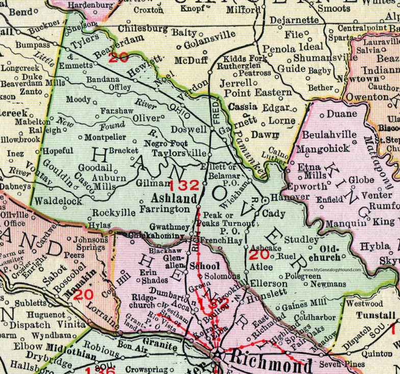 Hanover County, Virginia, Map, 1911, Rand McNally, Ashland, Cold Harbor, Hanover, Gaines Mill, Ellerson, Studley, Auburn Mills, Offley, Vontav, Beaverdam Mills, Snelson, Fanshaw, Hylas, Waldelock, Gwathmey