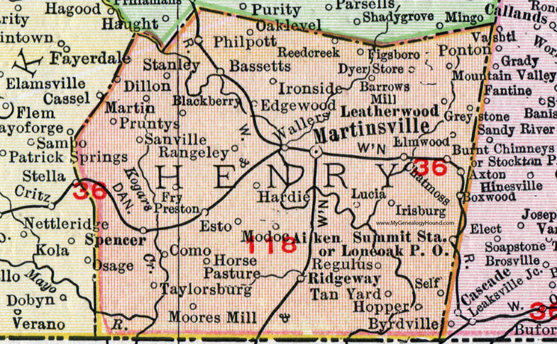 Henry County, Virginia, Map, 1911, Rand McNally, Martinsville, Bassett, Ridgeway, Burnt Chimneys, Leatherwood, Modoc, Regulus, Hopper, Spencer, Philpott, Dyer Store, Barrows Mill, Axton, Taylorsburg, Moores Mill, Pruntys