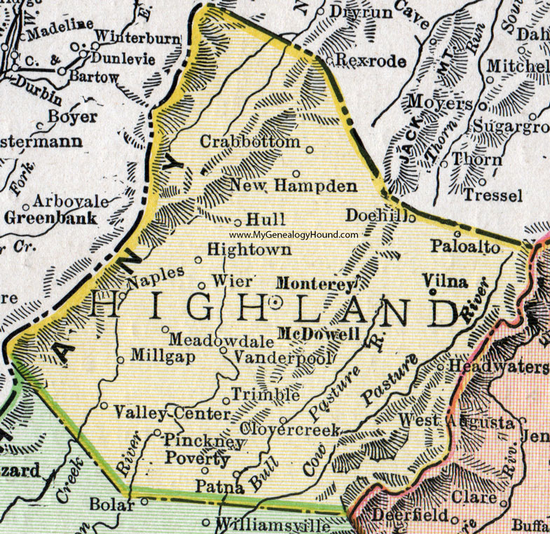 Highland County, Virginia, Map, 1911, Rand McNally, Monterey, McDowell, Vanderpool, Palo Alto, Vilna, Pinckney, Mill Gap, Wier, Naples, Patna, Valley Center, Hightown, Crabbottom, Hull, Meadowdale