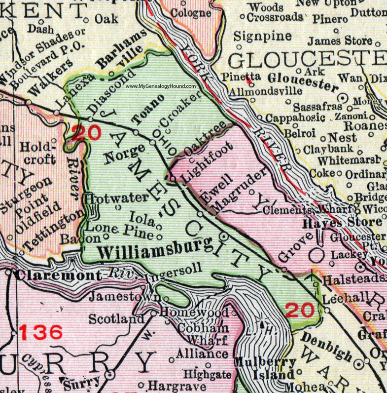James City County, Virginia, Map, 1911, Rand McNally, Williamsburg, Toano, Jamestown, Halsteads, Norge, Croaker, Diascond, Hotwater, Lone Pine, Iola, Bacon