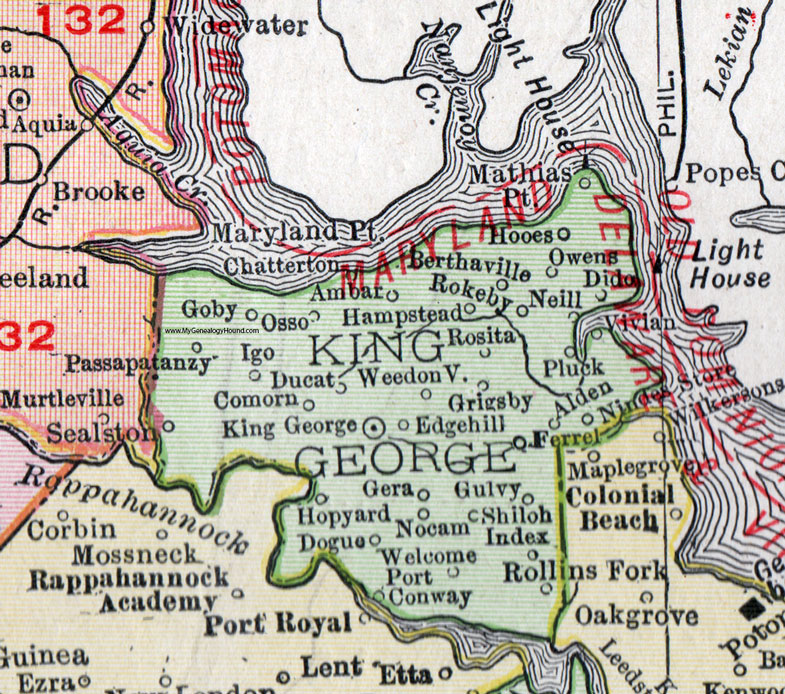 King George County, Virginia, Map, 1911, Rand McNally, Comorn, Passapatanzy, Nocam, Gulvy, Shiloh, Rollins Fork, Hooes, Dido, Mathias Point, Hampstead, Grigsby, Hopyard, Rokeby, Ambar, Chatterton, Ducat, Dogue