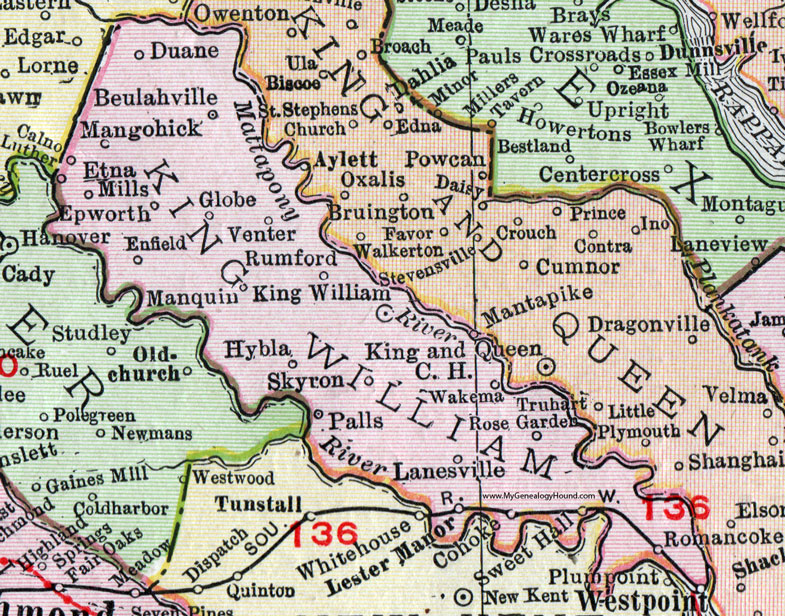 King William County, Virginia, Map, 1911, Rand McNally, West Point, Lester Manor, Rumford, Cohoke, Romancoke, Venter, Epworth, Enfield, Mangohick, Etna Mills, Calno, Beulahville, Manquin, Hybla, Skyron, Wakema