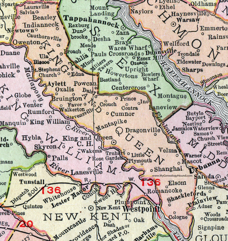 King and Queen County, Virginia, Map, 1911, Rand McNally, Walkerton, Shacklefords, Little Plymouth, Shanghai, Cologne, Dragonville, Cumnor, Powcan, Oxalis, St. Stephens Church, Cauthornville, Salvia, Stevensville, Elsom, Broach, Indianneck, Bruington
