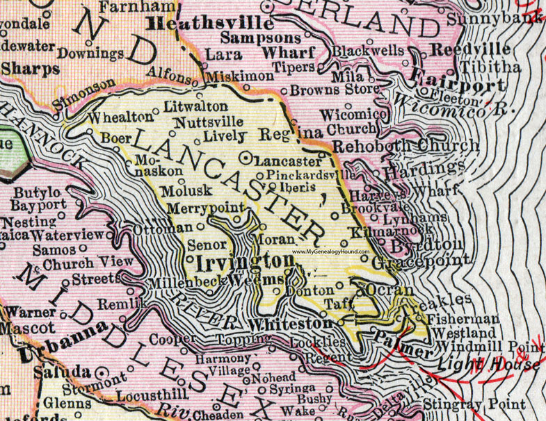 Lancaster County, Virginia, Map, 1911, Rand McNally, Irvington, Kilmarnock, Weems, Palmer, Grace Point, Monaskon, Litwalton, Nuttsville, Lively, Whealton, Boer, Ottoman, Millenbeck, Donton, Treakles, Ocran