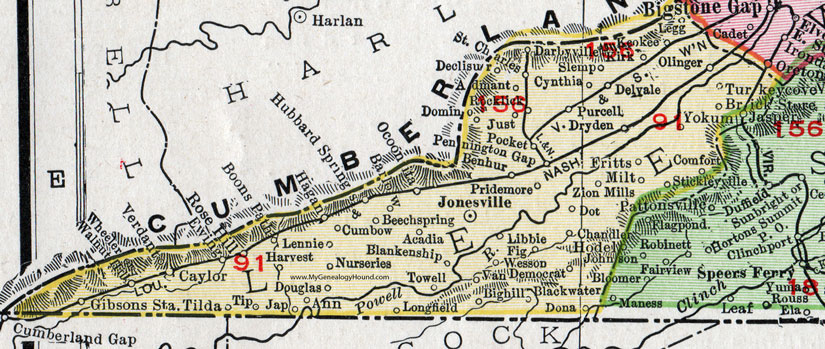 Lee County, Virginia, Map, 1911, Rand McNally, Jonesville, Pennington Gap, Rose Hill, Zion Mills, Wheeler, Pridemore, Towell, Chandler, Olinger, Keokee, Admant, Ben Hur, Blankenship, Boons Path, Hubbard Springs, Verdant