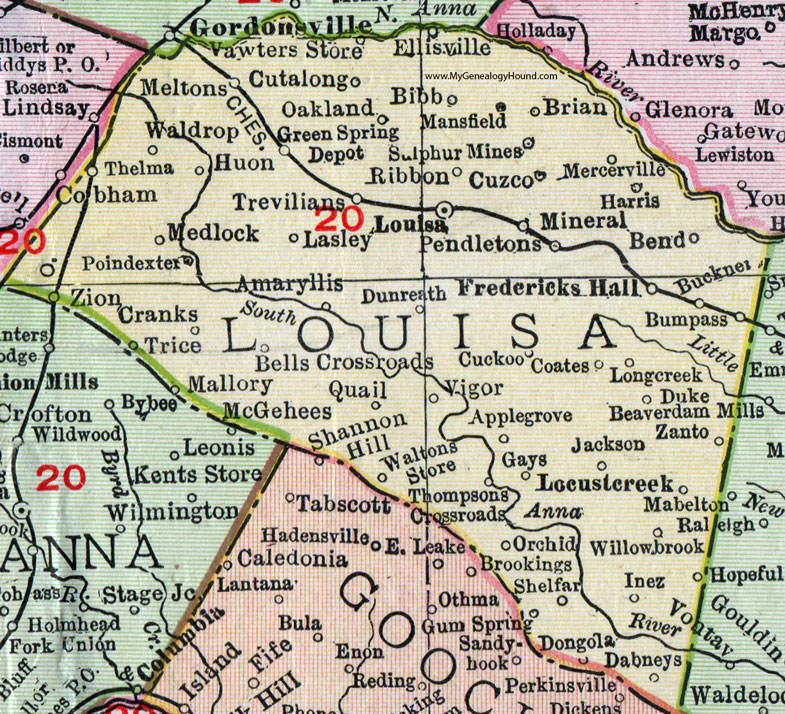Louisa County, Virginia, Map, 1911, Rand McNally, Pendleton, Mineral, Fredericks Hall, Locust Creek, Medlock, Sulphur Mines, Vawters Store, Cutalong, Trevilians, Zanto, Dabneys, Dongola, Dunreath, Waltons Store, Cuzco, Lasley