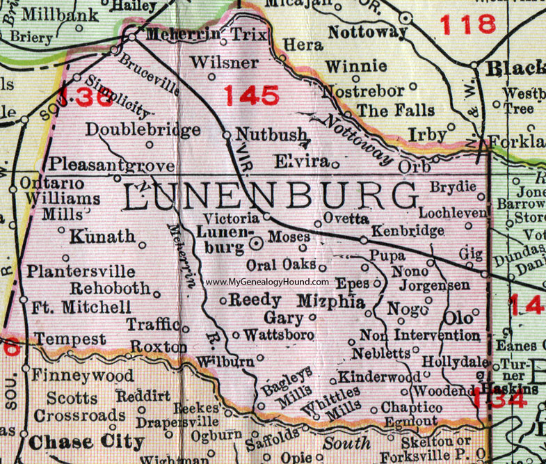 Lunenburg County, Virginia, Map, 1911, Rand McNally, Victoria, Kenbridge, Rehoboth, Williams Mills, Kunath, Nebletts, Bagleys Mill, Ovetta, Wilsner, Whittles Mills, Kinderwood, Chaptico, Mizphia, Brydie, Lochleven, Meherrin