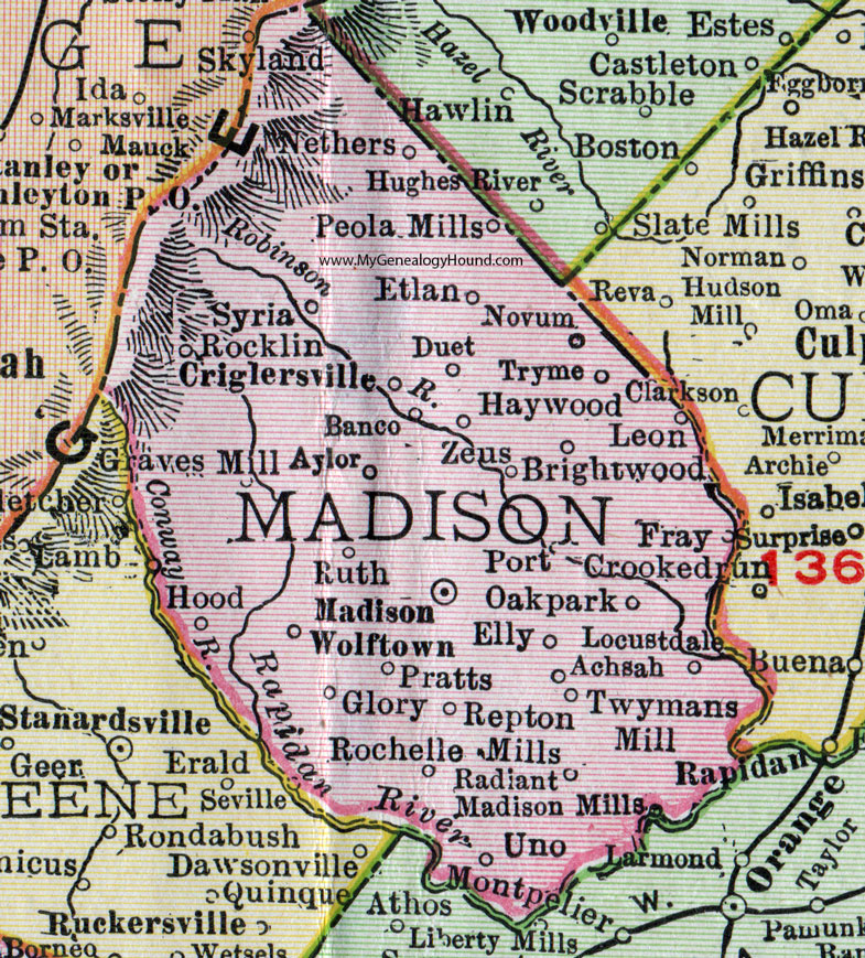 Madison County, Virginia, Map, 1911, Rand McNally, Wolftown, Zeus, Madison Mills, Brightwood, Repton Mills, Criglersville, Peola Mills, Nethers, Etlan, Twymans Mill, Rocklin, Syria, Graves Mill, Aylor, Haywood, Tryme, Banco, Repton Mills, Novum 