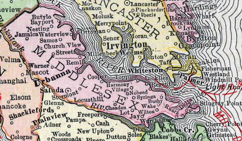 Middlesex County, Virginia, Map, 1911, Rand McNally, Urbanna, Deltaville, Saluda, Remlik, Samos, Jamaica, Stormont, Cheaden, Ruark, Deltaville, Syringa, Harmony Village, Nohead, Wilton