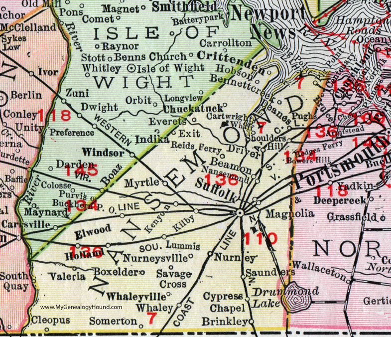 Nansemond County, Virginia, Map, 1911, Rand McNally, Suffolk, Kilby, Magnolia, Beamon, Nurneysville, Nurney, Lummis, Savage Cross, Brinkley, Whaleyville, Somerton, Cleopus, Valeria, Crittenden, Chuckatuck
