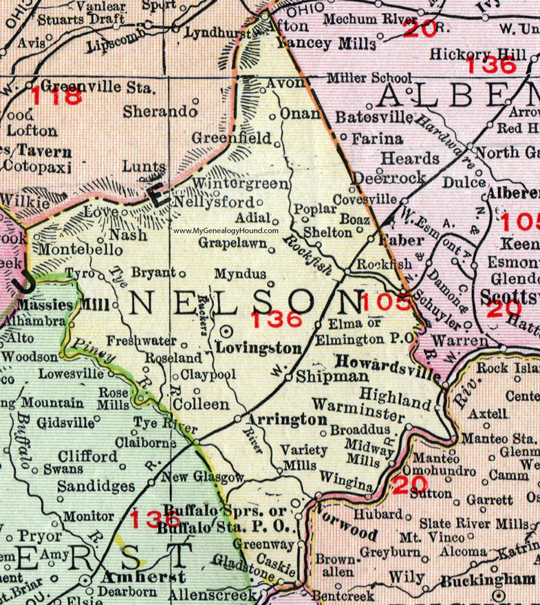 Nelson County, Virginia, Map, 1911, Rand McNally, Lovingston, Arrington, Myndus, Shipman, Variety Mills, Wingina, Midway Mills, Boaz, Faber, Nellysford, Adial, Roseland, Tyro, Massies Mill, Montebello, Warminster, Shipman