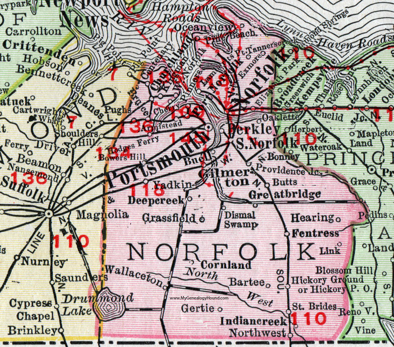 Norfolk County, Virginia, Map, 1911, Rand McNally, Portsmouth, Norfolk, Gilmerton, Dismal Swamp, Berkley, Cornland, Yadkin, Churchland, Centenary, Kingman, Exmore, Pinners, Armistead, Fentress, Wallaceton