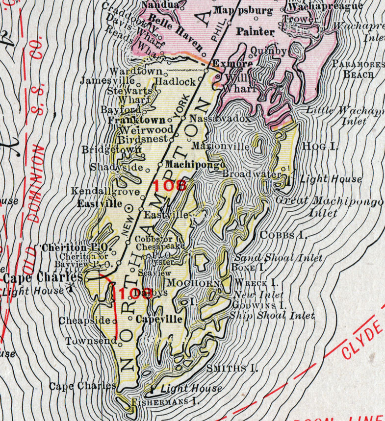 Northampton County, Virginia, Map, 1911, Rand McNally, Eastville, Cape Charles, Capeville, Franktown, Machipongo, Townsend, Cheriton, Marionville, Nassawadox, Hadlock, Bridgetown, Wardtown, Jamesville, Weirwood, Franktown, Exmore, Dalbys