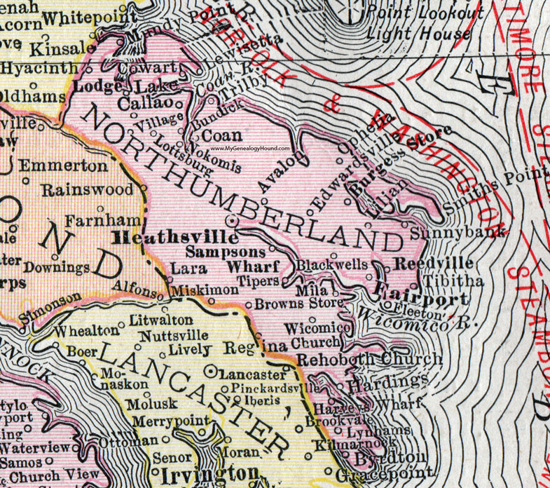 Northumberland County, Virginia, Map, 1911, Rand McNally, Heathsville, Fairport, Sampsons Wharf, Reedville, Cowart, Lewisetta, Trilby, Nokomis, Lottsburg, Miskimon, Tibitha, Wicomico Church, Byrdton, Ophelia