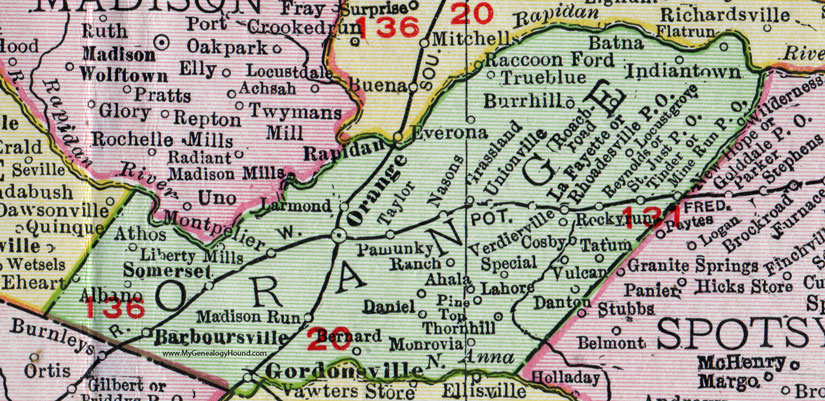 Orange County, Virginia, Map, 1911, Rand McNally, Gordonsville, Barboursville, Montpelier, Liberty Mills, Wilderness, Somerset, Pamunky, Monrovia, Verdierville, Tatum, Vulcan, True Blue, Everona, Larmond, Rhoadesville, Cosby, Indian Town