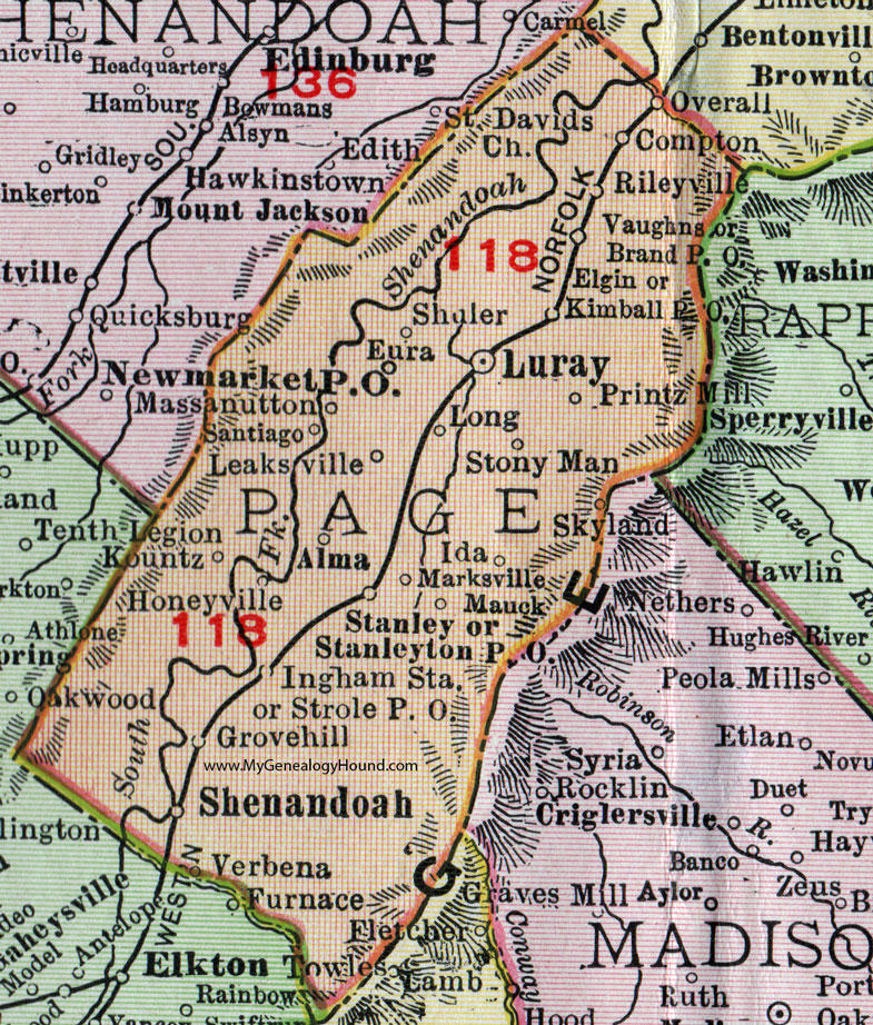Page County, Virginia, Map, 1911, Rand McNally, Luray, Shenandoah, Stanley, Alma, Printz Mill, Kimball, Honeyville, Kountz, Leaksville, Santiago, Massanutton, Eura, Compton, Rileyville, Kimball, Stony Man, Mauck